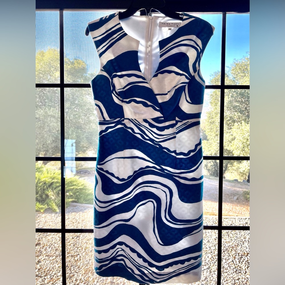 Trina Turk Blue White Swirl Cocktail Party Dress.